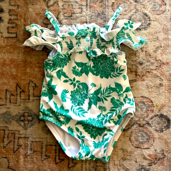 Janie and Jack Floral Green Kids Swim One Piece - Picture 2 of 3